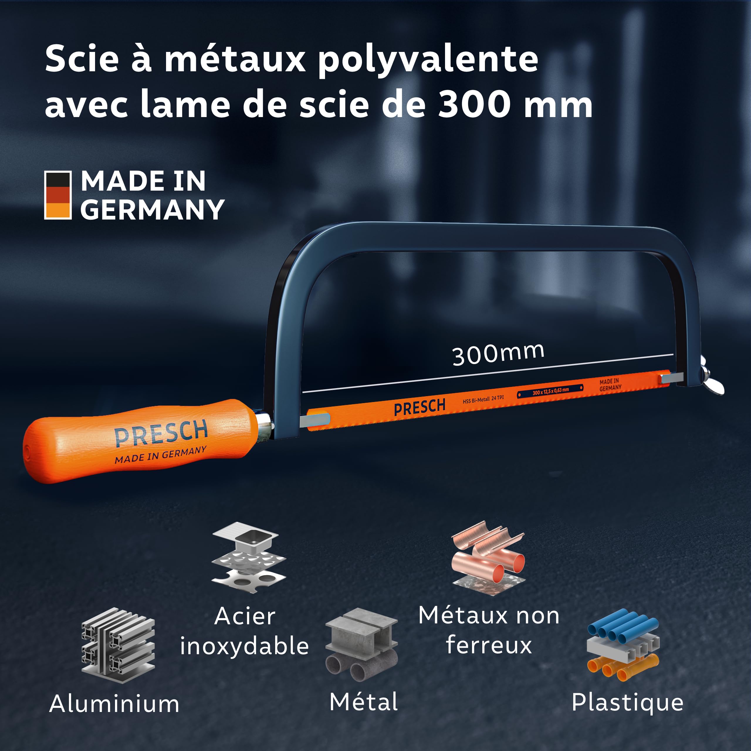 Presch Scie à métaux 300mm - Avec lame de scie BI-métal pour une coupe précise - Rotation de 90° de la lame pour des coupes horizontales & verticales - Changement rapide des lames