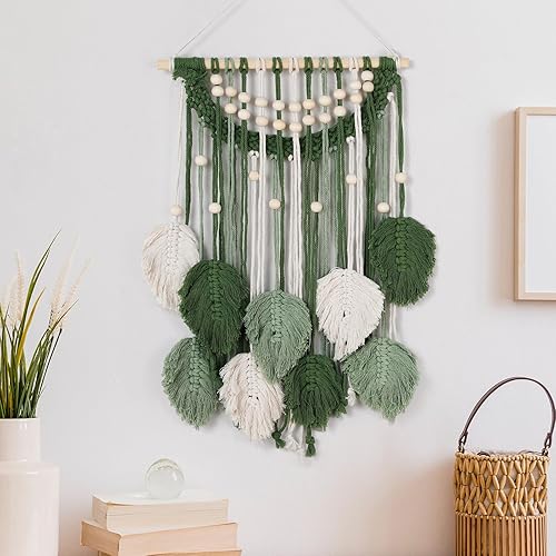 Newwiee Tapiz tejido de macramé para colgar en la pared, diseño bohemio de macramé, tapiz verde, grande, elegante, para colgar en la pared de
