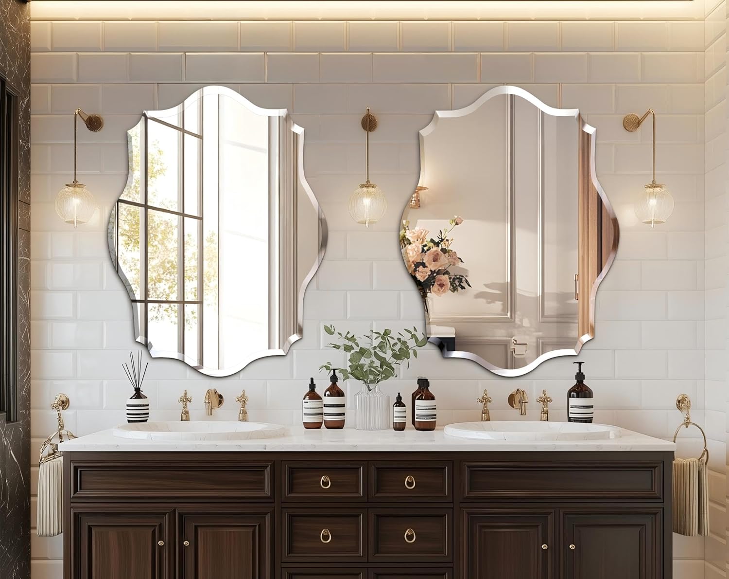 Frameless Scalloped Wall Mirror: Decorative Scallop Oval Mirrored Glass Vanity with Beveled Silver Edge for Bathroom Bedroom Livingroom Dining Room Entryway Hallway, 32 x 24 inch