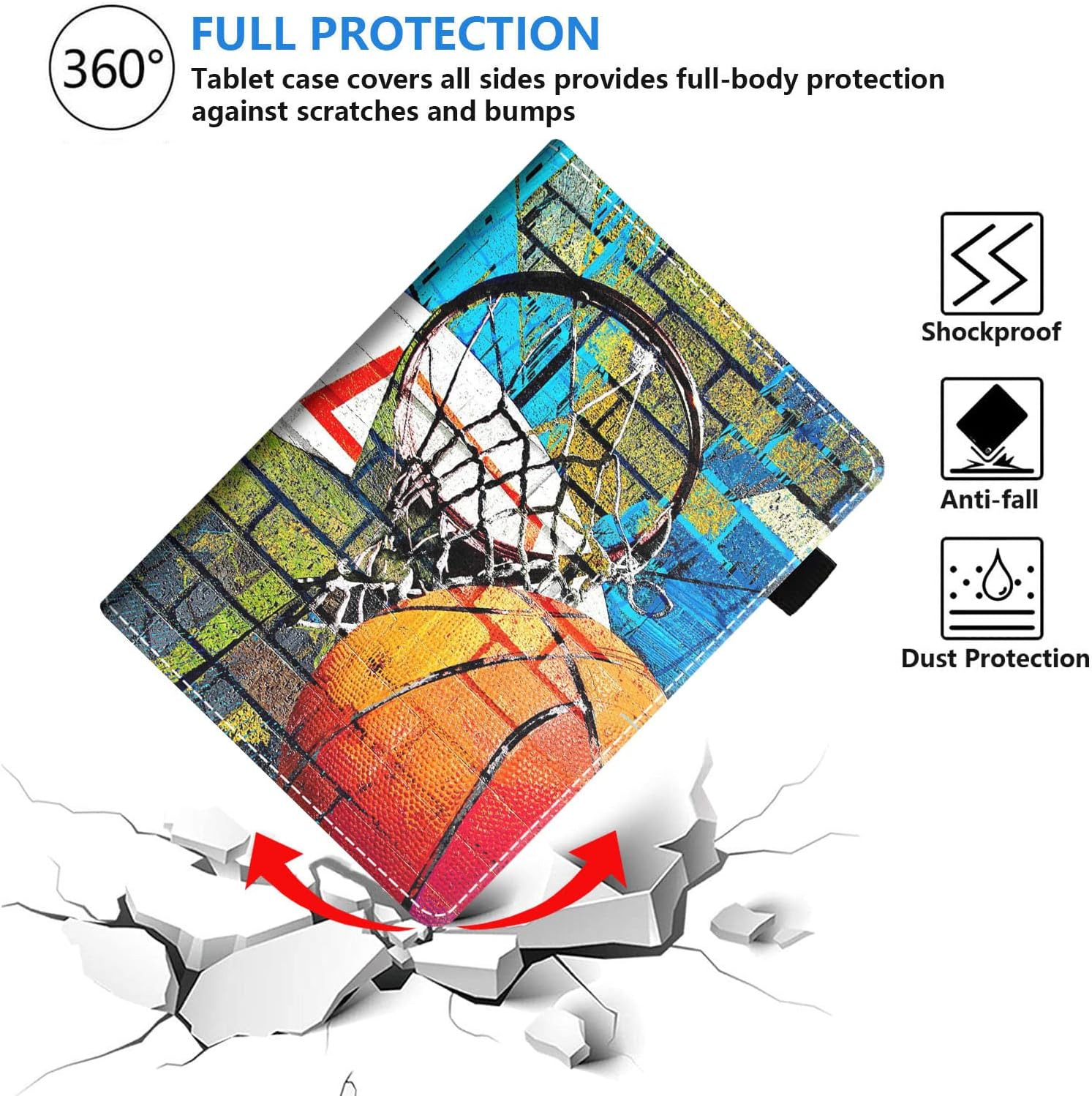 Case for Amazon Kindle Fire HD 10 Tablet 10.1" (9th/7th Generation, 2019/2017 Release), Premium PU Leather Stand Cover with Smart Auto Wake, Basketball Art Print