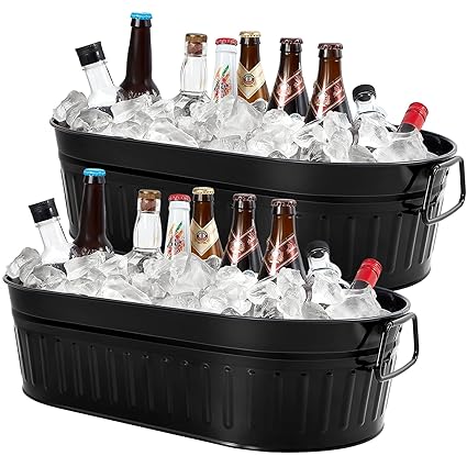 2 Pieces 15 Quarts Galvanized Metal Drink Bucket Ice Bucket Party Tubs For Drinks Outdoor Galvanized Bucket Metal Containers Garden Planter with Handles for Parties Patio Garden Yard (Black)