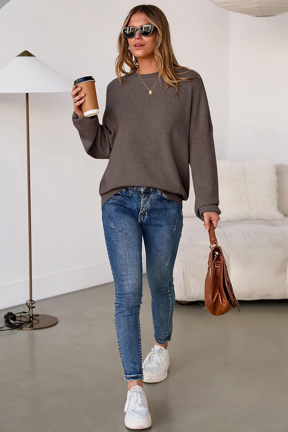 Arach&Cloz Women's Wool Blend Oversized Sweaters Crewneck Casual Outfits Fashion Spring Tops - Image 5