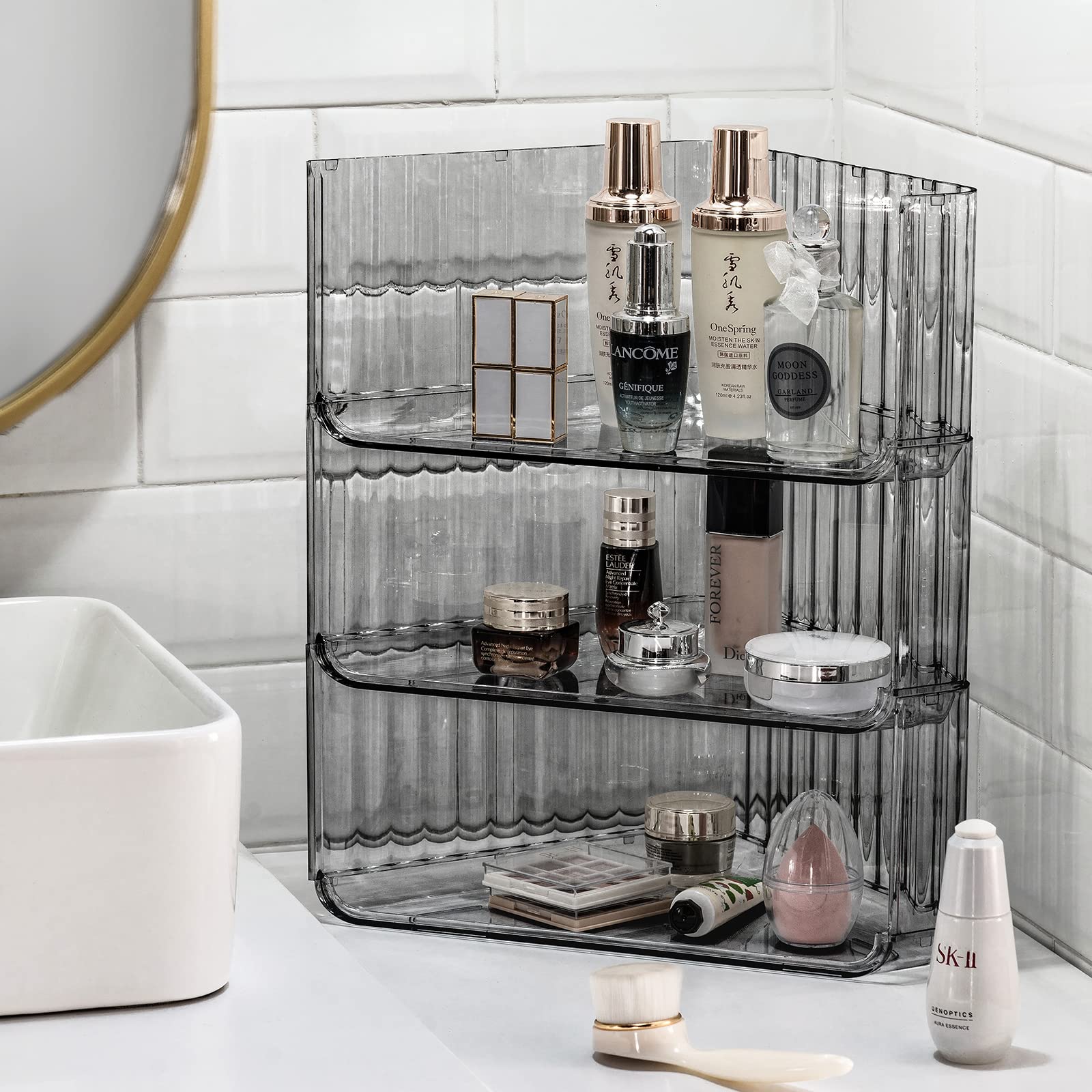 KINGBERWI Eck-Make-up-Organizer – Transparentes Acryl-Aufbewahrungsregal, 23,1x23,1x34 Cm, Silberne Griffe