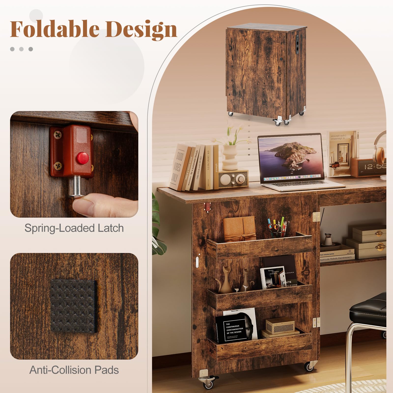 FANTASK 2 in 1 Zusammenklappbarer Nähtisch, Nähmaschinenschrank mit Ladestation, Regalen und abschließbaren Rädern, Nähtisch aus Holz, Mehrzweck-Bastelstation für Wohnzimmer, Schlafzimmer (Braun)