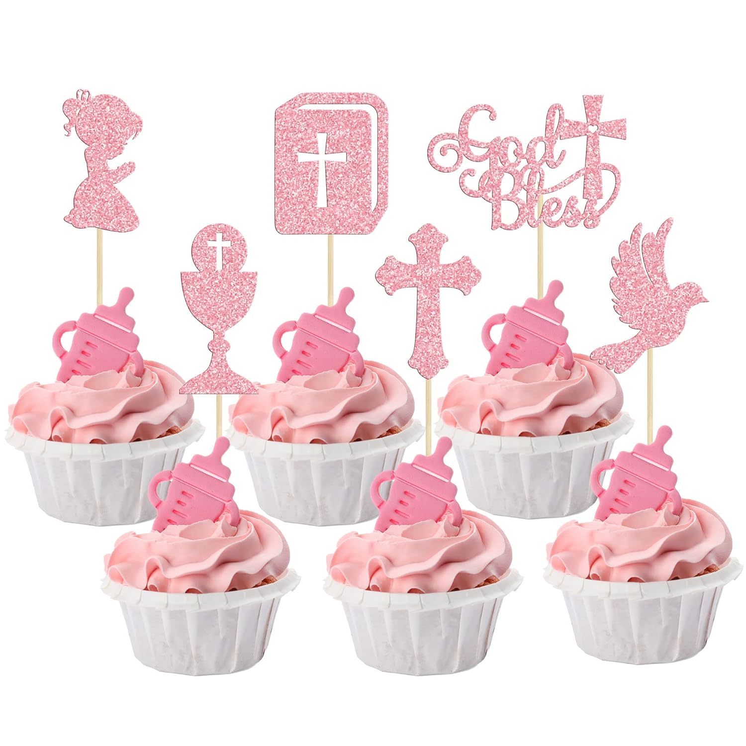 Gyufise 24Pcs Girl God Bless and Baptism Cupcake Toppers