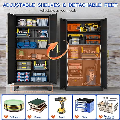 Miniatura 21 de Armario de almacenamiento de metal de 71 pulgadas de alto con 2 puertas y 4 estantes ajustables, armario de despensa de cocina, armario Blanco