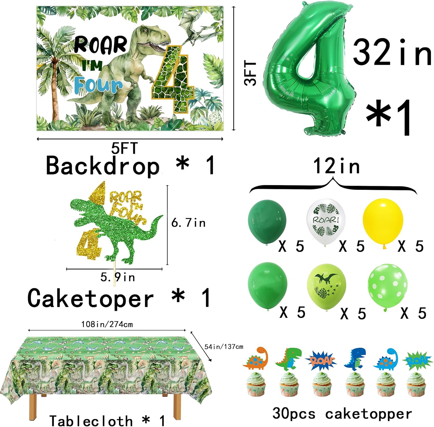 Dinosaur 4th Birthday Party Decorations Boy,Roar Im 4 Dinosaur Party Decorations,Boys 4th Dinosaur Birthday Party Decorations.