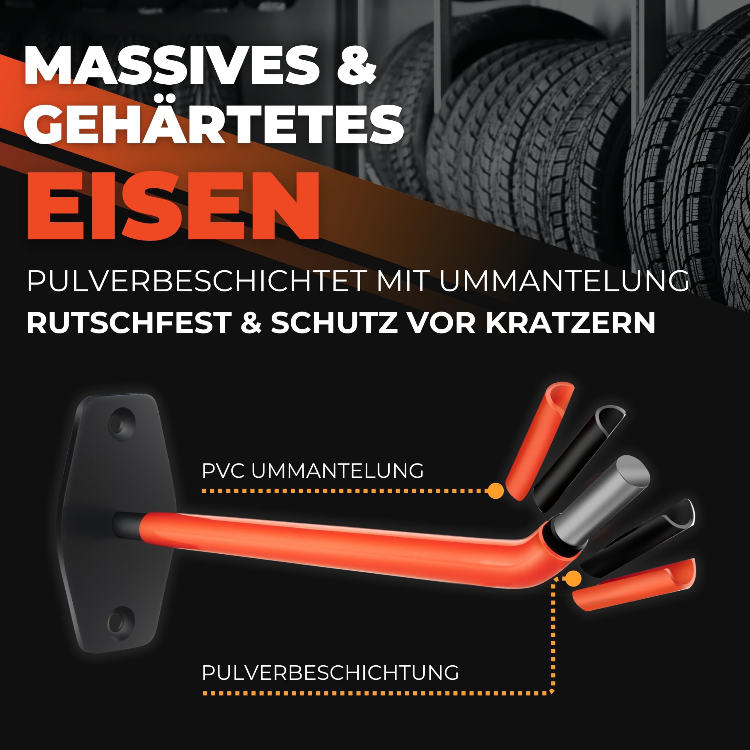 bonsport Wandhaken Reifen 4er Set - Belastbar bis 25kg - Autoreifen Wandhalterung für 4 Felgen - Reifenhalter Felgenhalter Wand Halterung - Reifen Aufhänge Garage