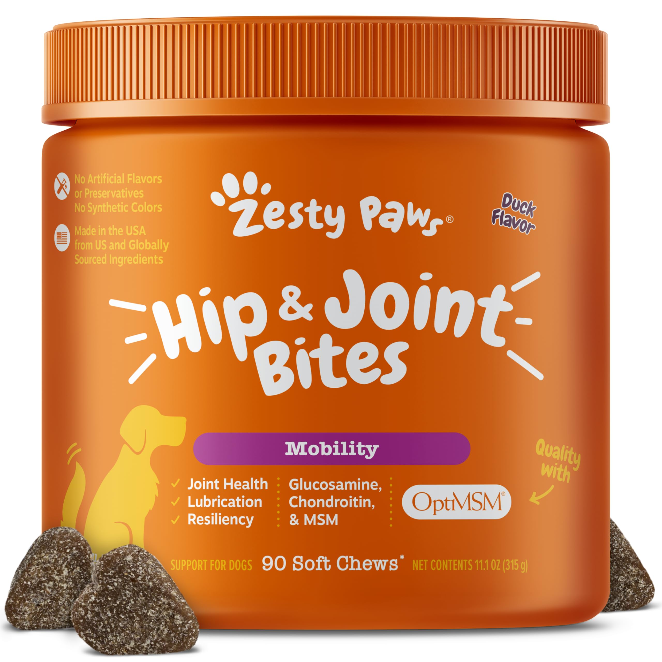 Zesty Paws Hip and Joint Supplement for Dogs - Glucosamine with Chondroitin, MSM, Vitamins C and E Dog Joint Relief - Mobility Bites Duck – 90 Count