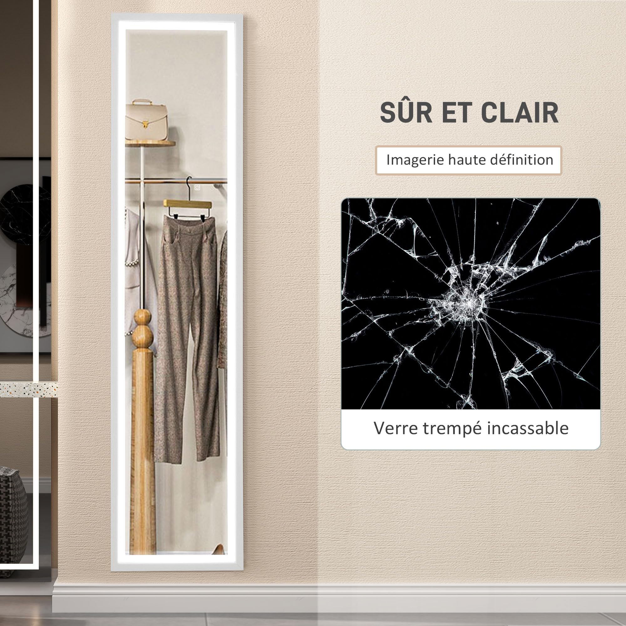 HOMCOM Grand Miroir Pleine Longueur 40 x 160 cm en Verre trempé, éclairage LED 3 Couleurs et Support, Miroir Mural ou sur Pied rectangulaire, pour Chambre à Coucher, Salon et Dressing, Blanc