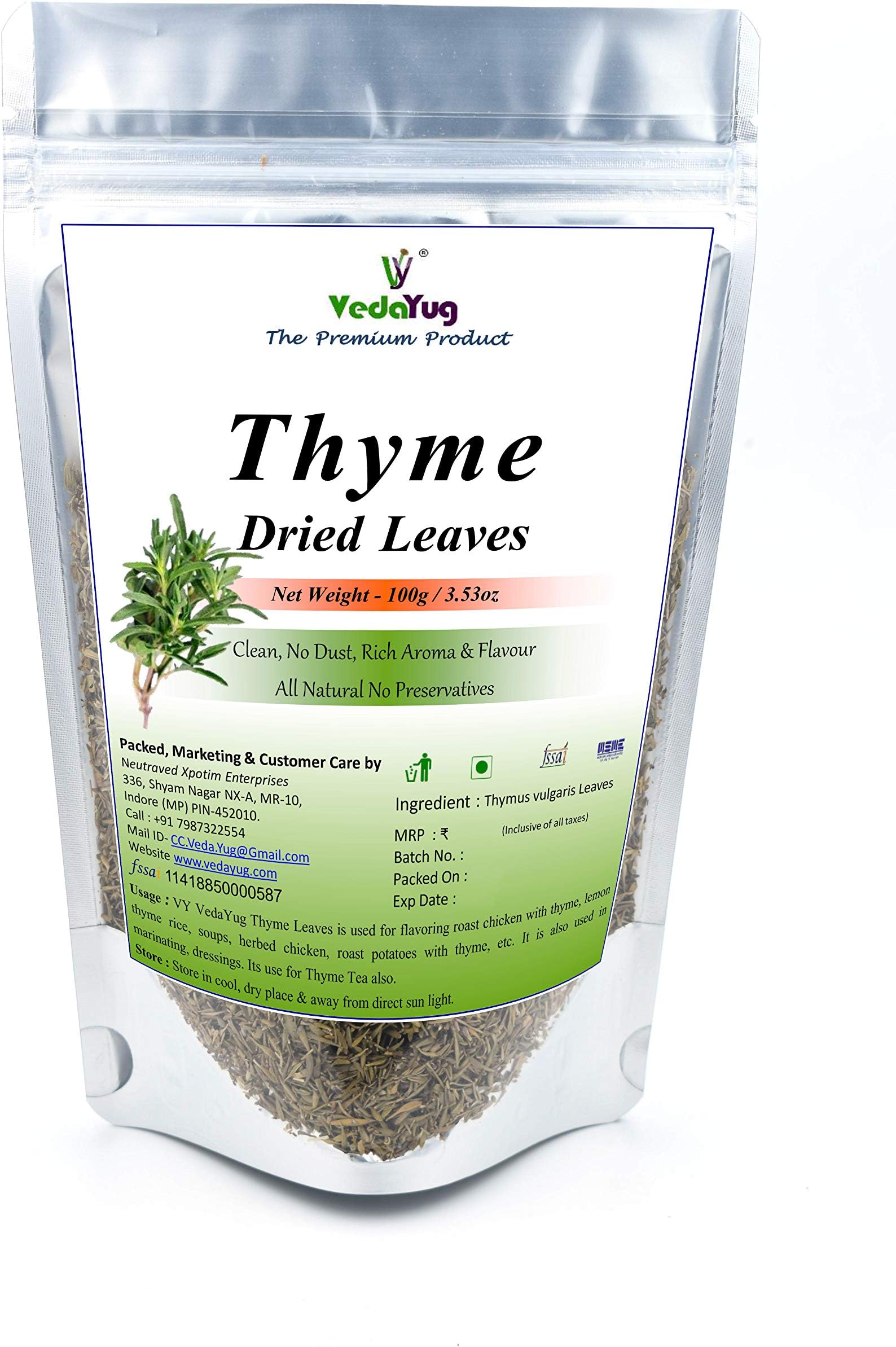VY VedaYug Thyme leaves 50g, for Seasoning, Italian, Sauces, Salad, Sandwiches, Pizza, Healthy Dried Herbs Herbal Tea Leaves for Cough and Cold- 50g