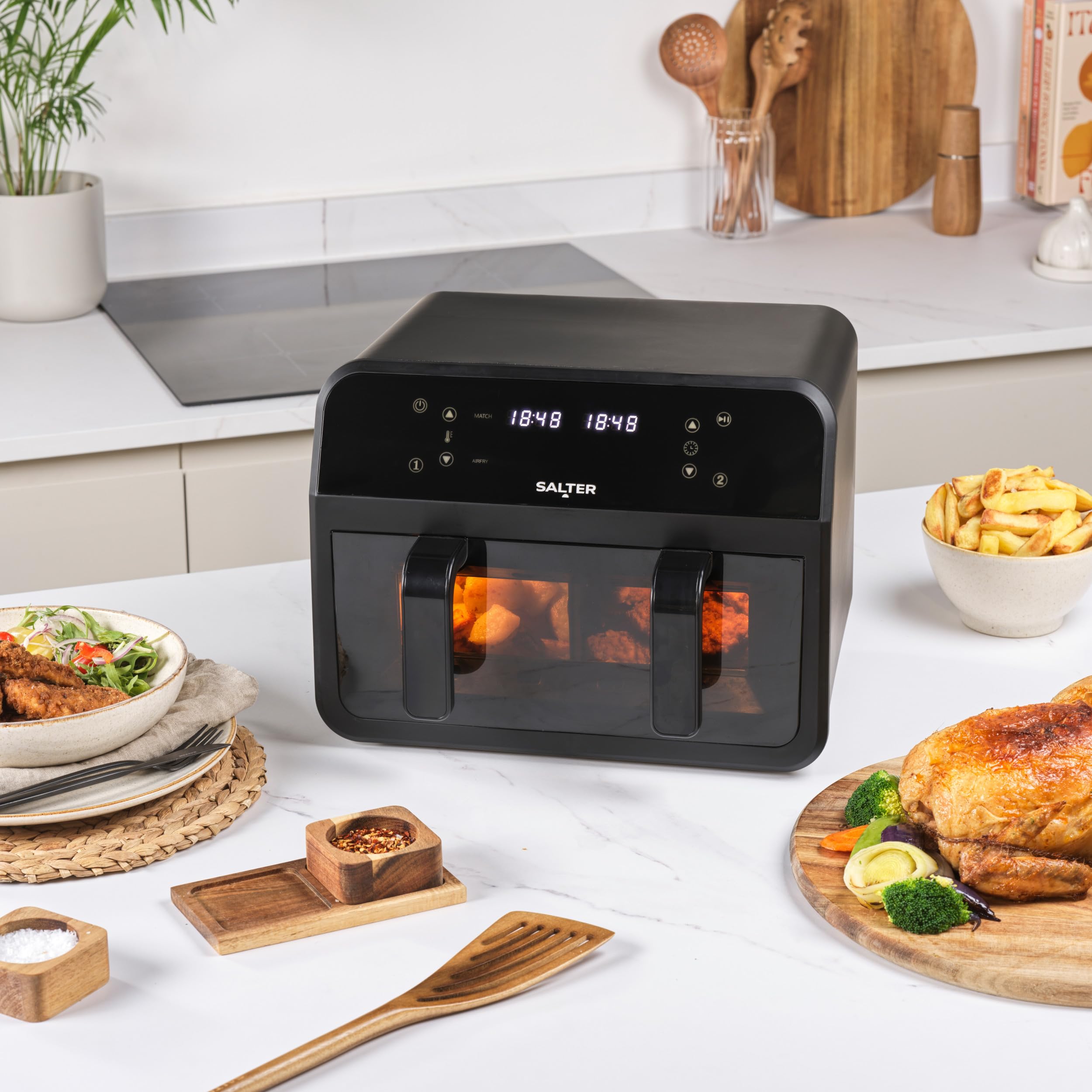 Salter Dual View Friteuse à air – Plaque de cuisson antiadhésive de 7 L avec séparateur amovible, grande capacité familiale, fenêtre de visualisation, numérique à LED, 6 fonctions, 2300 W