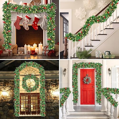 Miniatura 6 de Guirnalda de Navidad con luces, 50 luces LED, guirnalda preiluminada de 9 pies, funciona con pilas, decoración de Navidad para interiores y