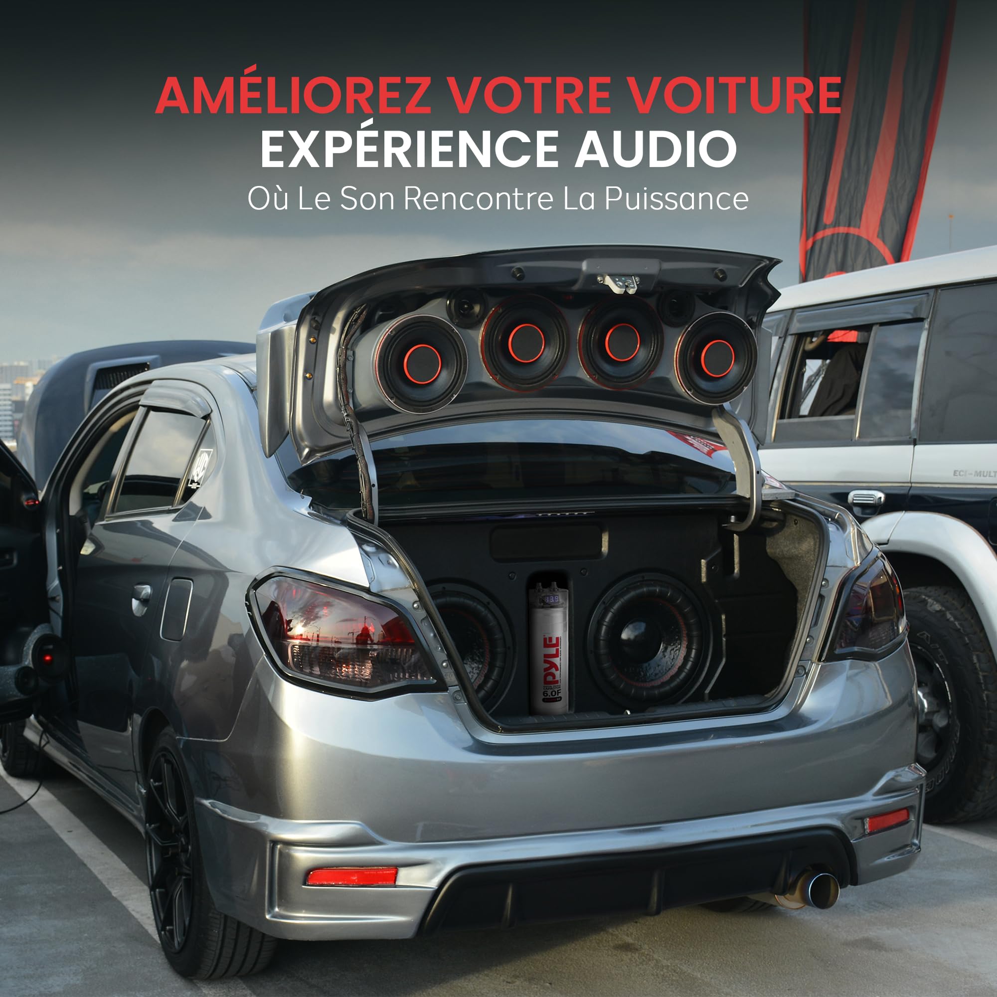 Pyle Condensateur de puissance numérique de 3.2 Farad - Accessoire haute performance pour audio de voiture avec écran numérique bleu | Lecture de tension | Protection contre les surtensions