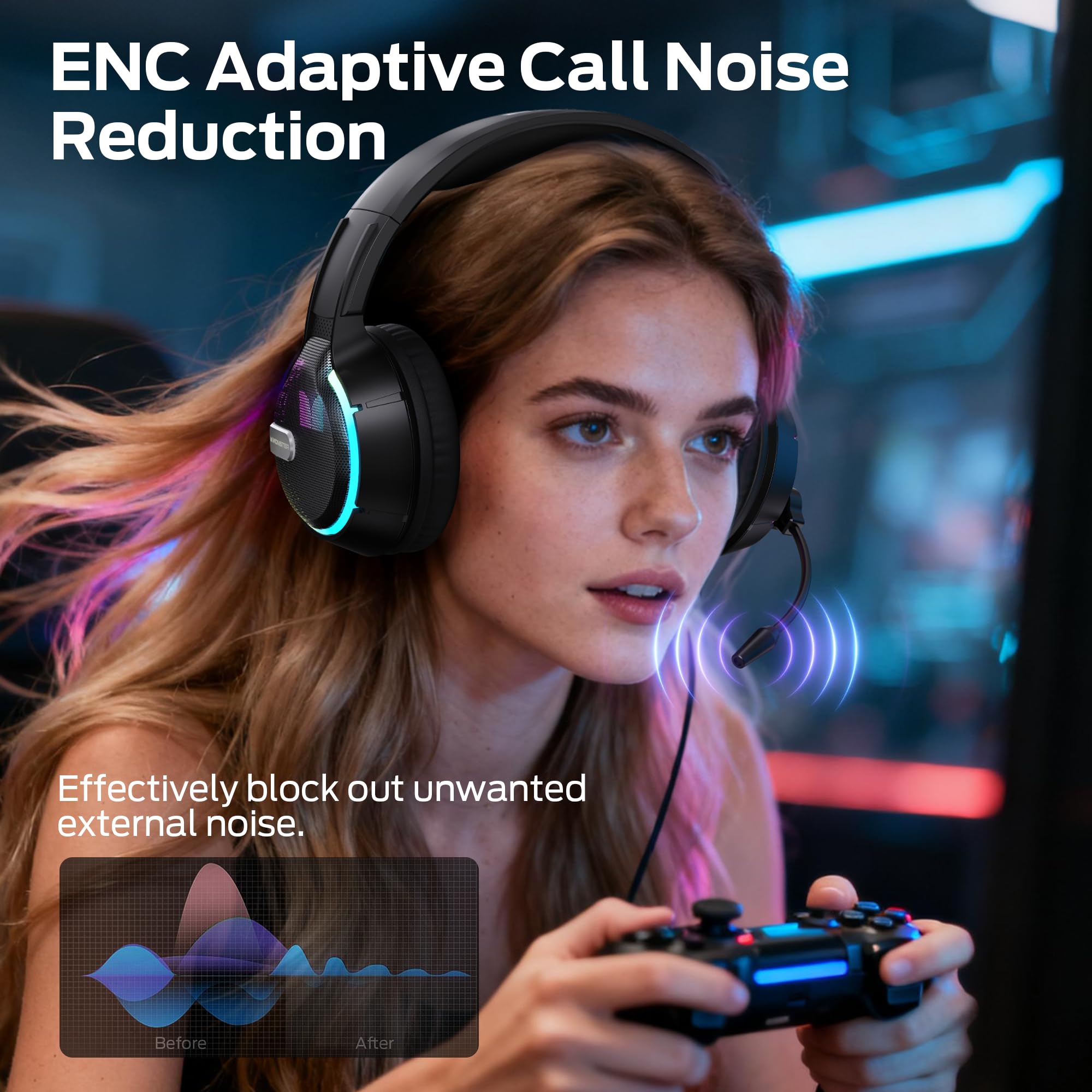 Monster Mission 320 Gaming Headset for PS5, PS4PC, Xbox One, Xbox Series X/S, Switch,Noise Cancelling Over Ear Headphones with Mic, LED Light, 7.1 Surround Sound - 4