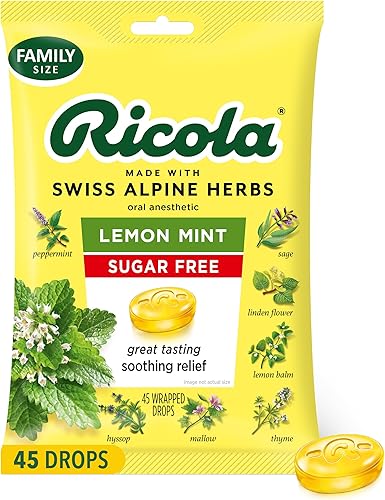 Ricola Gotas de garganta de menta y limón sin azúcar, 45 unidades, alivio refrescante de irritaciones menores de garganta, anestésico oral