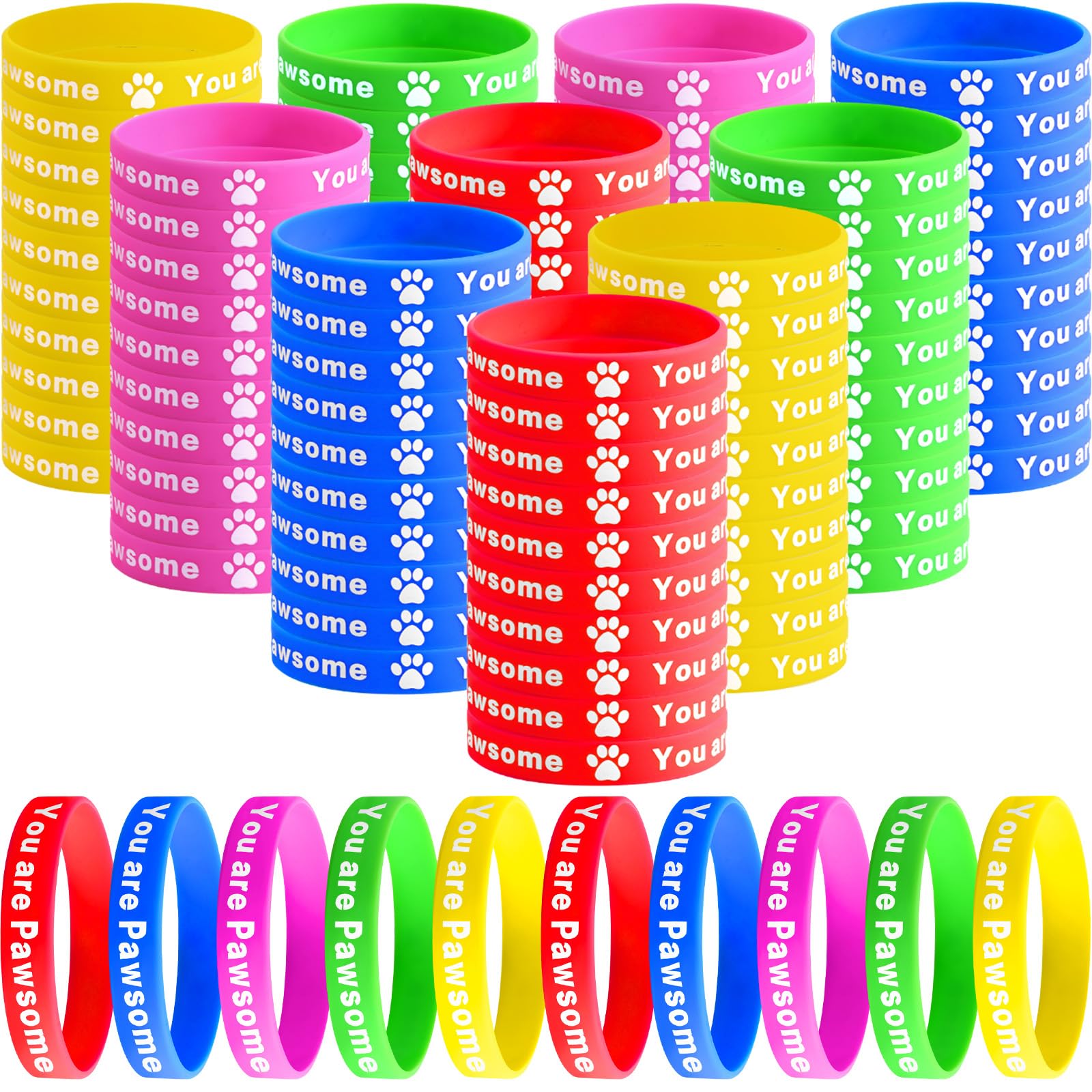 RoundFunnyRoundFunny 100 Pieces Paw Print Silicone Bracelets You Are Pawsome Paw Print Silicone Wristband Paw Print Birthday Puppy Party Favors Supplies Decorations Goodie Bag Favor Stuffers Multicolor