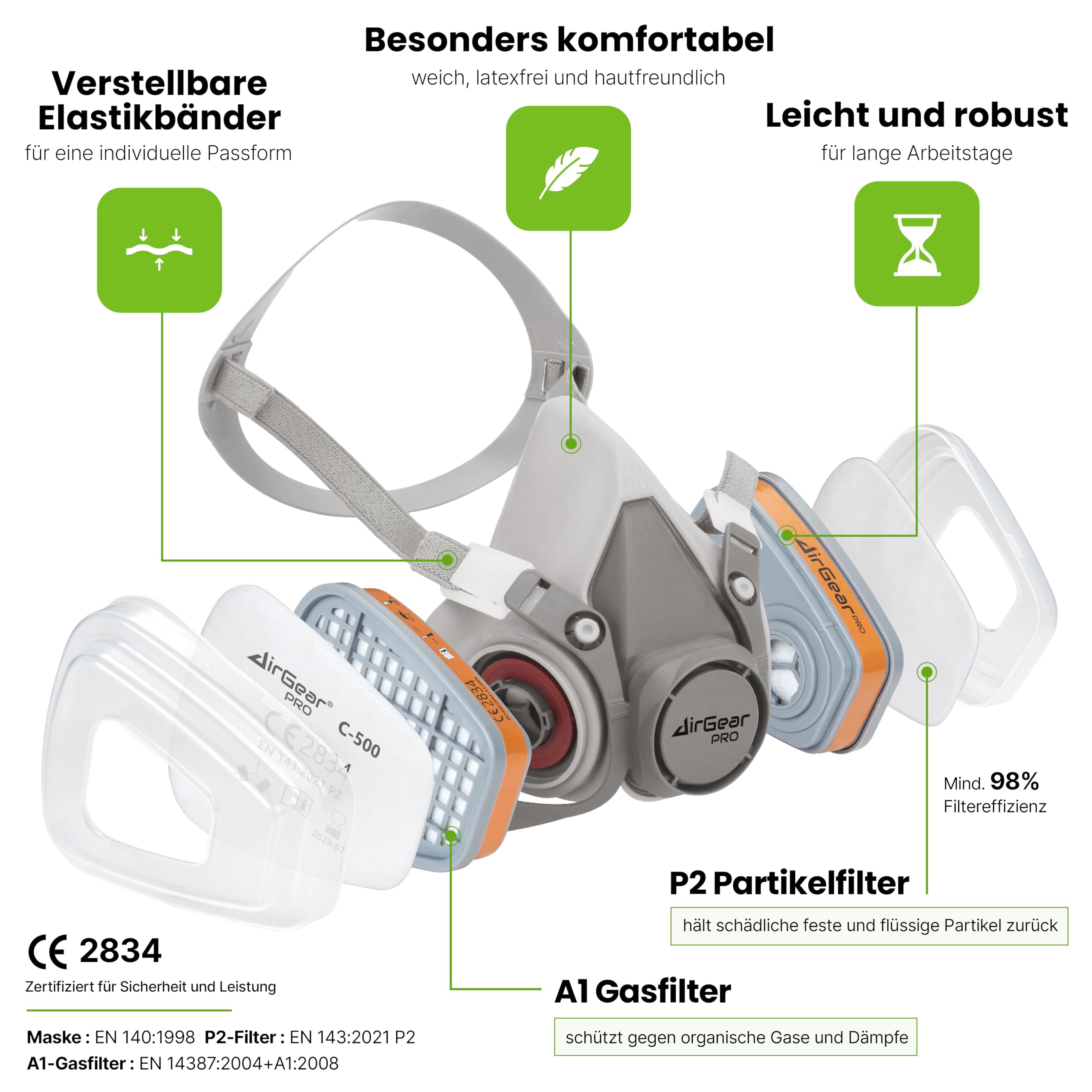 AirGearPro G-500 Atemschutzmaske mit A1P2 Filter, Gasmaske Staubfilter und Schutzbrille für Lackieren