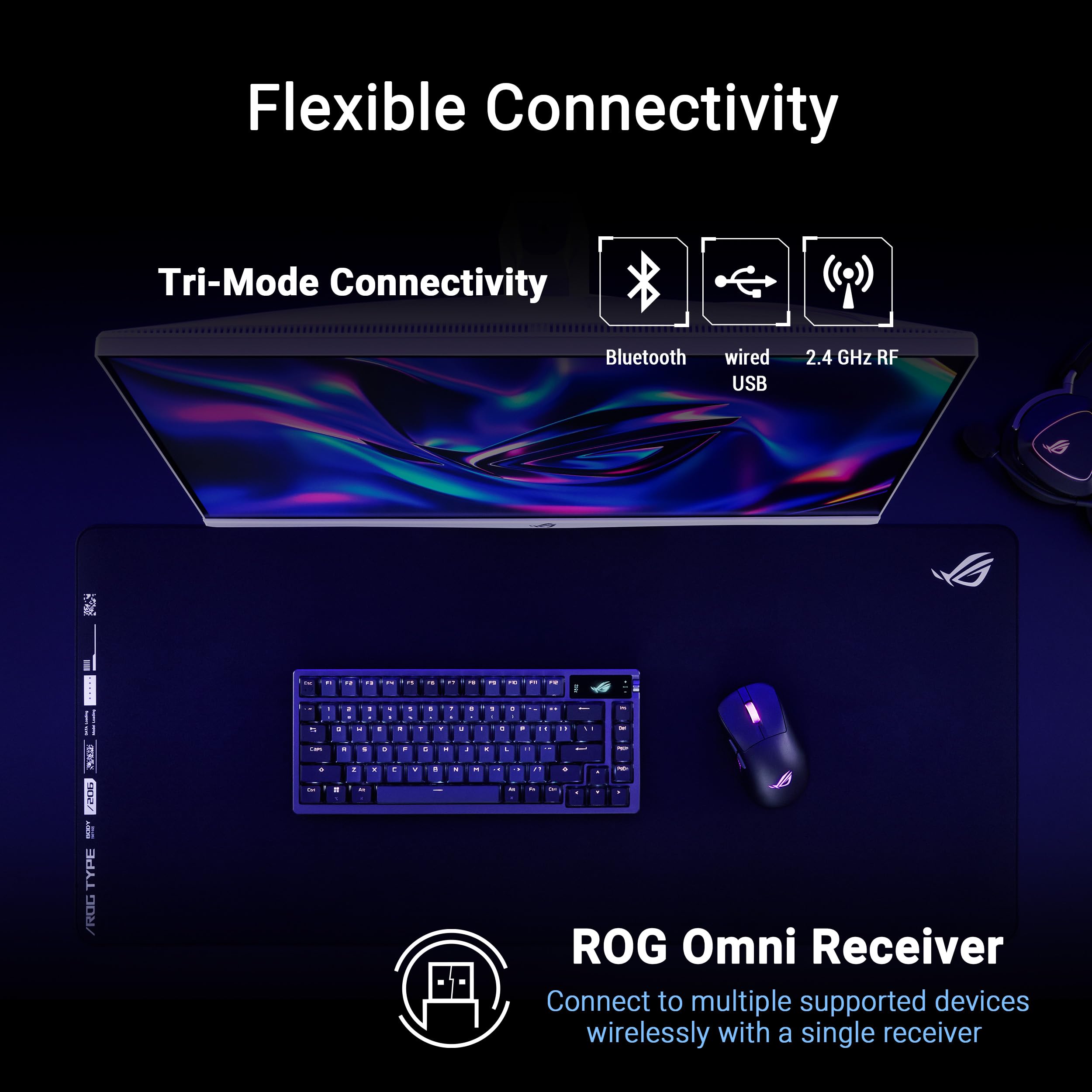 ASUS ROG Keris II Origin 64 g, ergonomiczna mysz do gier, złącze Push-Fit Switch, czujnik optyczny 42K, ROG Micro Switch II, ROG Omni Receiver, 5 programowalnych przycisków, czarny