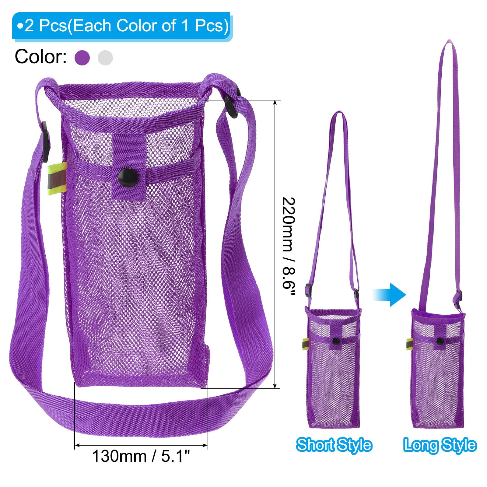 Borsa tote per bottiglia d'acqua 2 pezzi, spallacci regolabili con 2 tasche, borsa per bottiglia d'acqua in rete, accessori per bottiglia d'acqua, adatto per escursioni, viaggi (13 x 22 cm