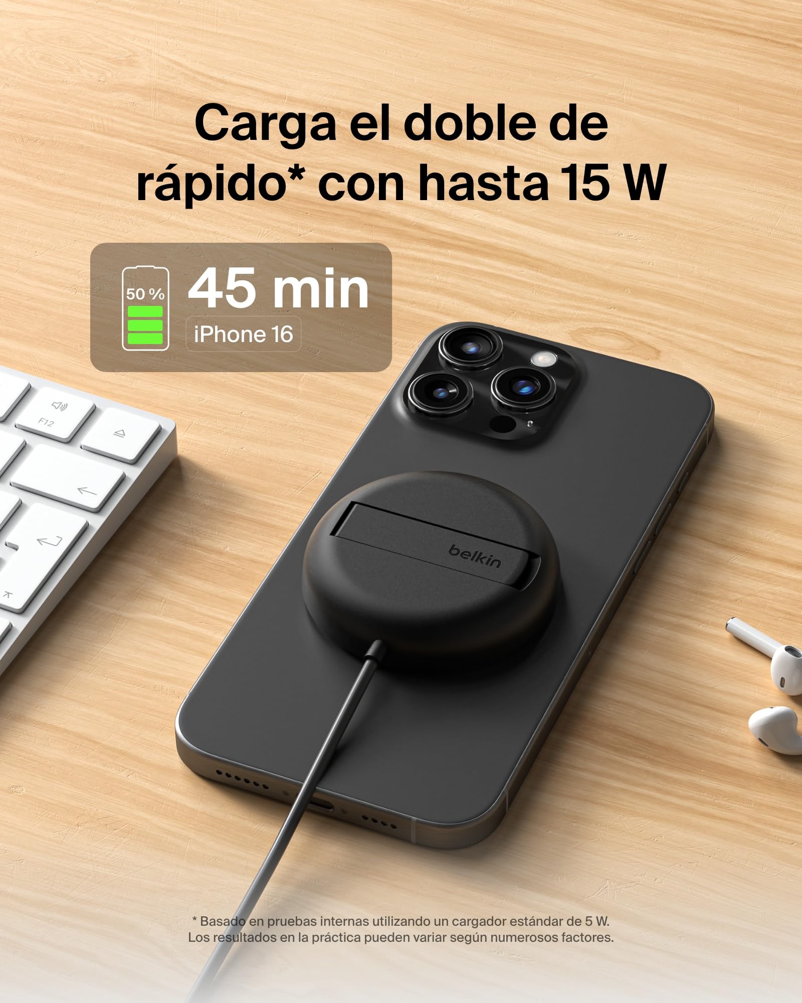 Belkin Cargador Inalámbrico Compatible con MagSafe, Base de Carga Magnética 15W, Certificación Qi2, iPhone 17, Air, Samsung Galaxy S25, Pixelsnap y AirPods - con Fuente de alimentación - Negro