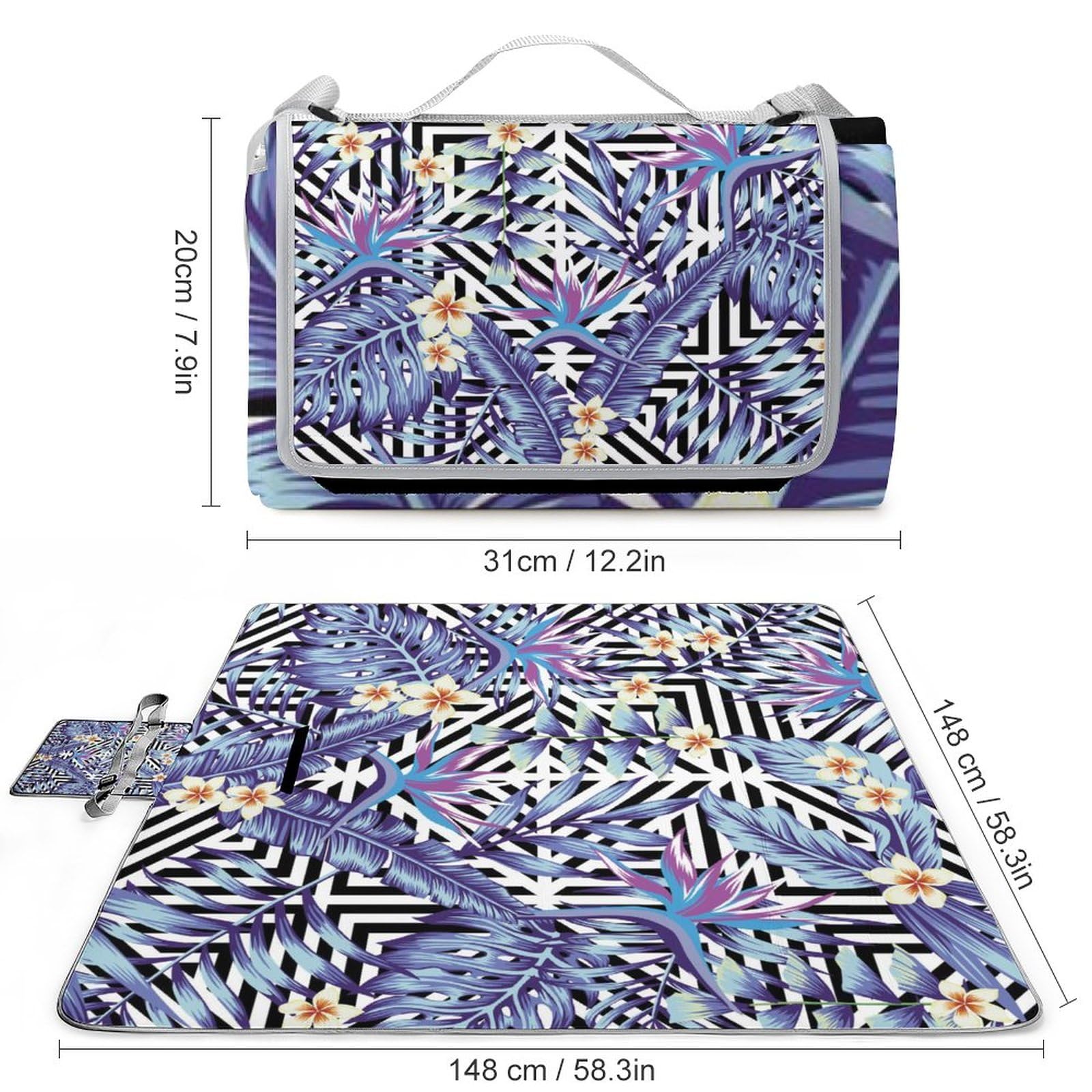 Tropical-Plants-Flowers Picnic Blanket Waterproof Foldable, Large Outdoor Picnic Blanket Beach Blankets Camping Blanket Travel Mat, Shoulder Strap Tote, Rectangle 58x58in