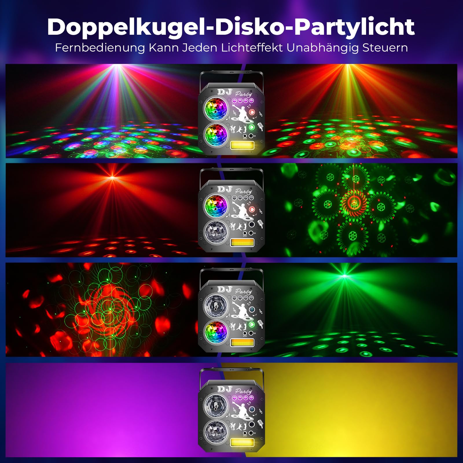 7-in-1 Discokugel, Discolicht Partylicht mit Doppel Bällen, Musikgesteuertes DJ Licht, RGB LED Disco Licht, UV Effekt, Rotierende Discokugel für Club, Karaoke, Party, Halloween, Weihnachten