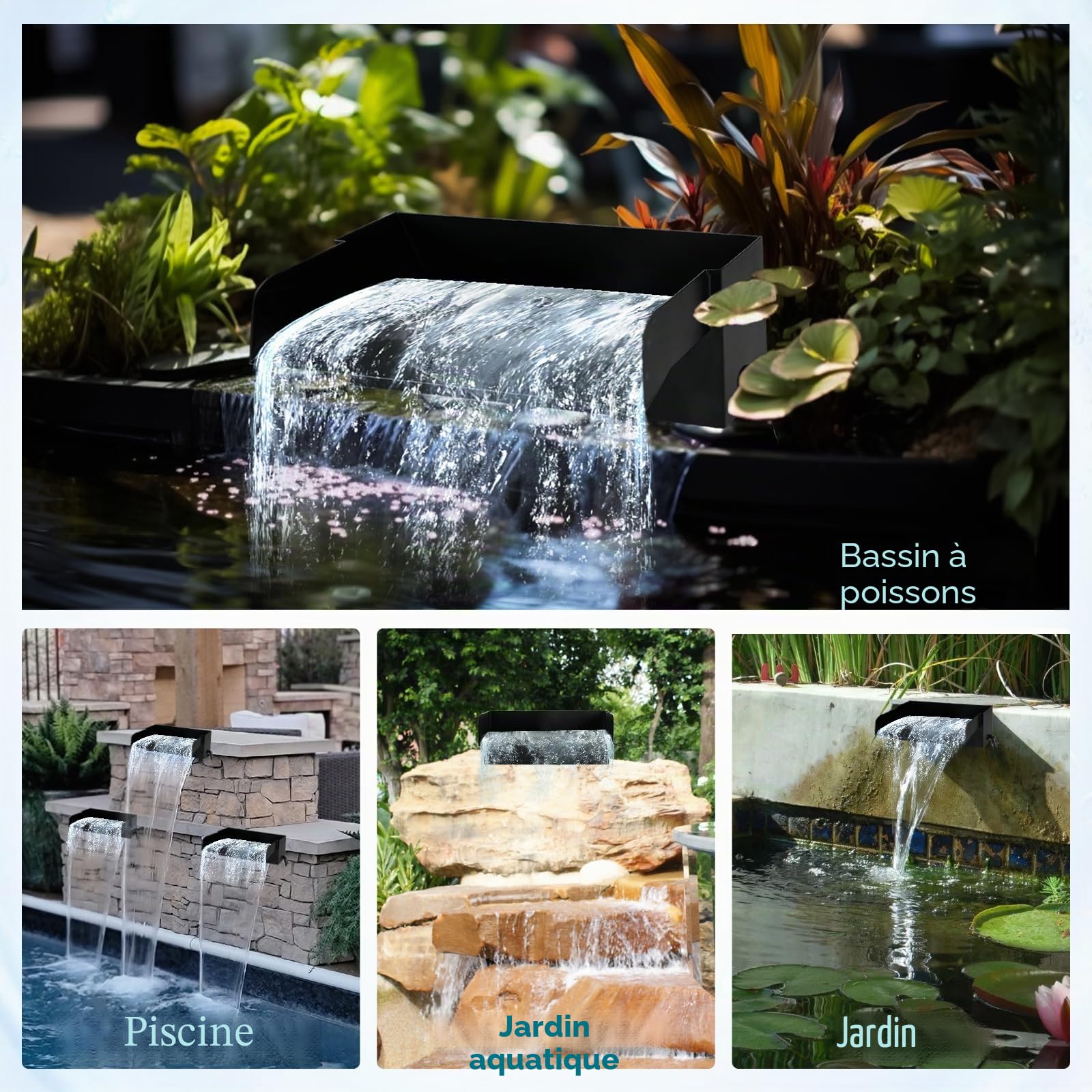 Kit de cascade de bassin avec lumière LED, filtre cascade de 20 cm avec pompe à cascade de 3000 l/h, tube ondulé de 3 m pour fontaine de jardin, décoration de jardin extérieure