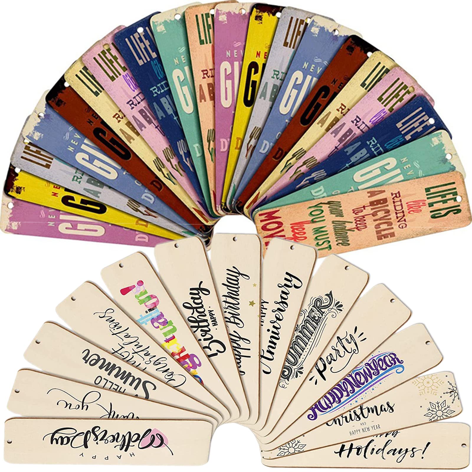 92-teiliges DIY-Lesezeichen-Set – 36 Unlackierte Holz-Lesezeichen, 36 Bunte Quasten, 20 Vorlagen, Für Bastler & Buchliebhaber