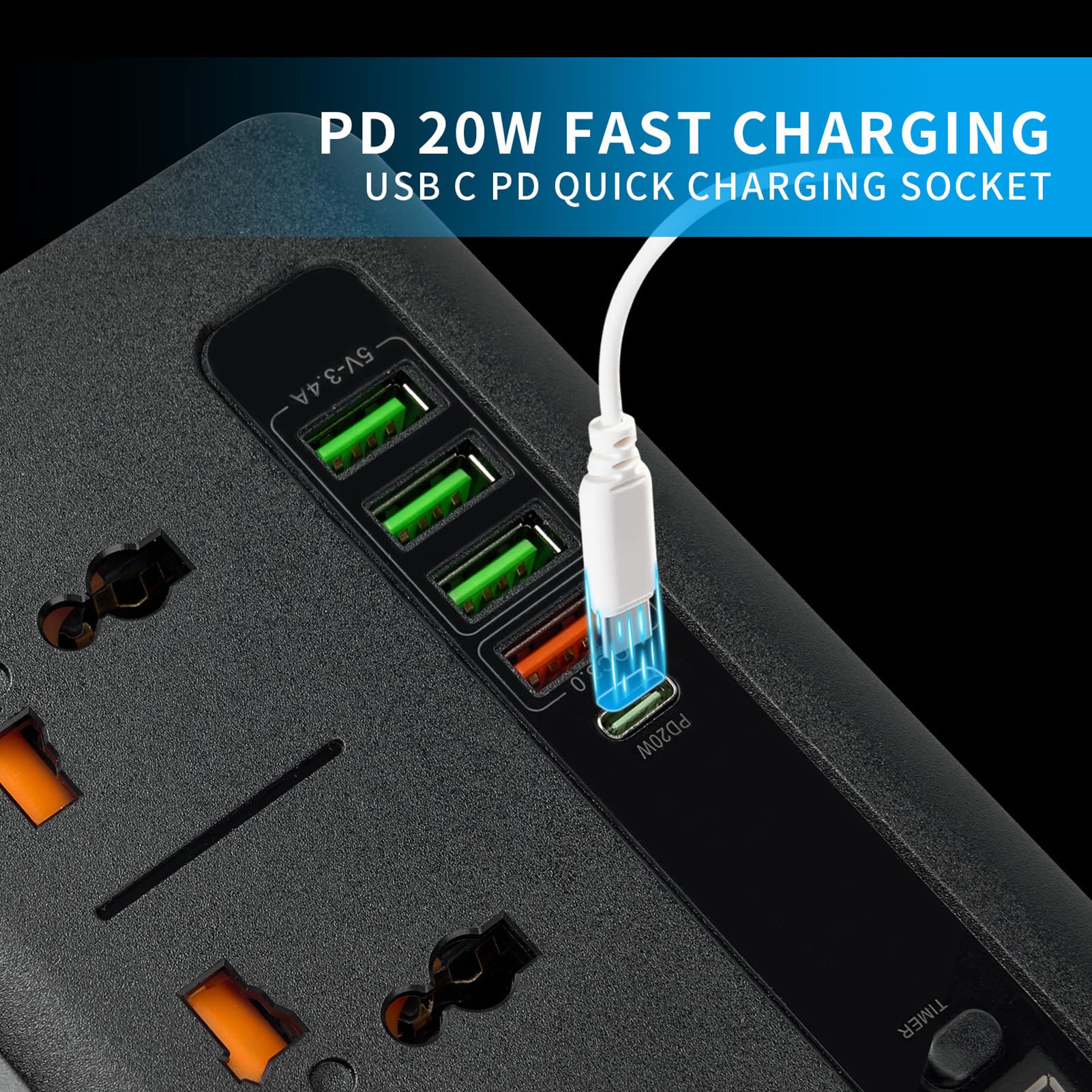 PD20W QC3.0 Dual-Schnelllade-Steckdosenleiste, Multi-Steckdosenleiste mit Digitalanzeige und Kurzem Kabel für Einkaufszentren, Heimdekoration, Büros