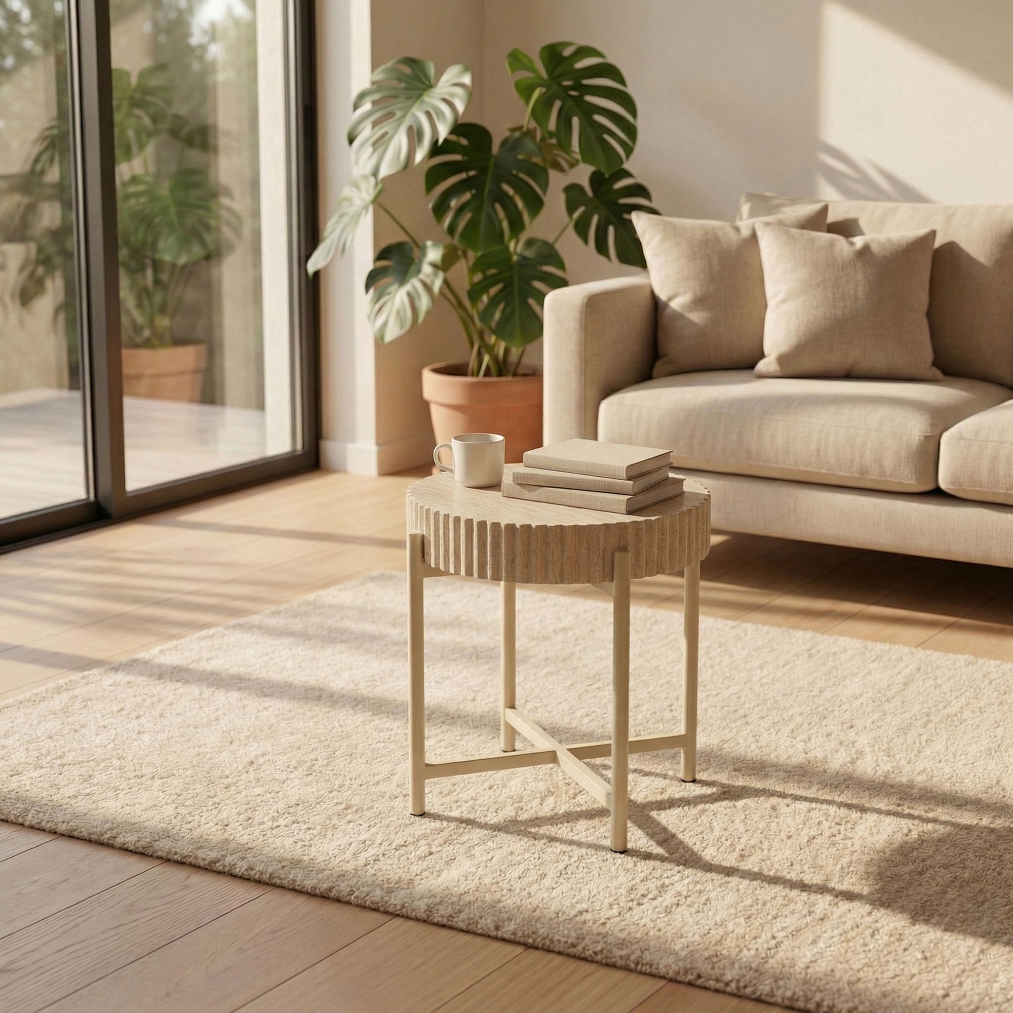 Beistelltische 2er Set, Moderne Metallgestell Beistelltische mit Travertinoptik Tischplatte, Sofatisch für Wohnzimmer, Schlafzimmer und Büro