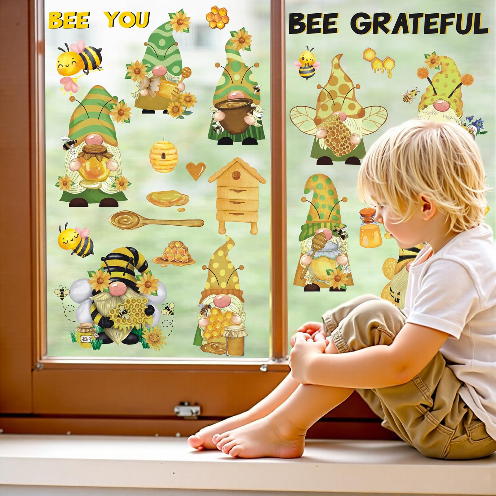 KAIRNE Bee Window Stickers Daisy Honeycomb Spring Summer Sticker Bee Happy Window Clings Gnomes Honeypot Wall Decals for Living Room Bedroom Yellow Sunflower Watercolor Clings for Store Showcase - Image 3