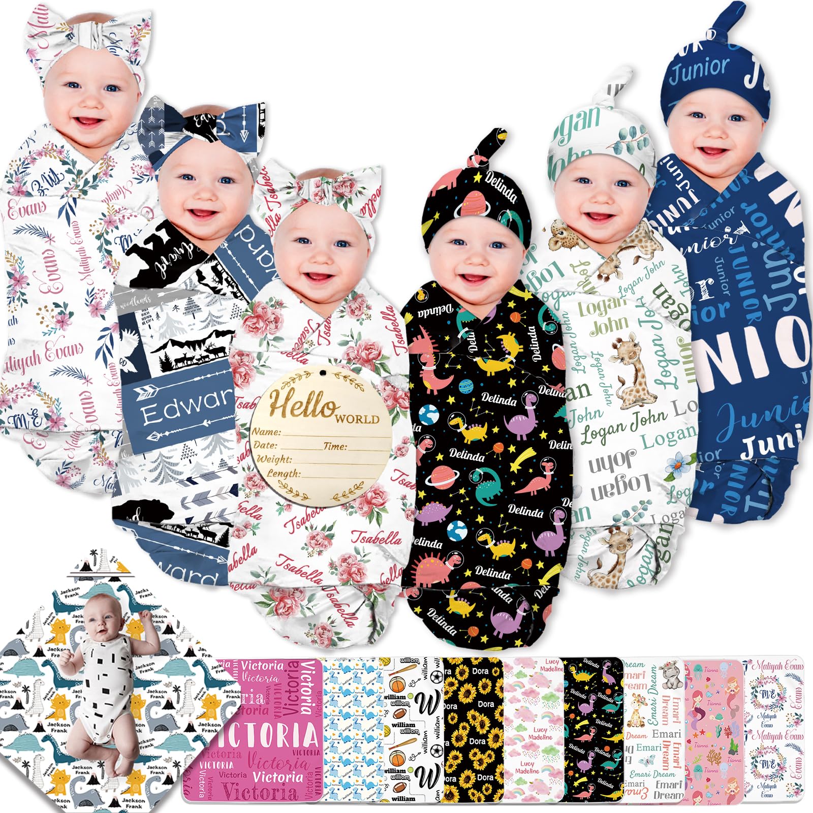 Personalized Baby Swaddle Girl Boy Blanket with Bow Headband and Hat Set  Custom Name Baby Blanket Customized Swaddle Newborn Gifts