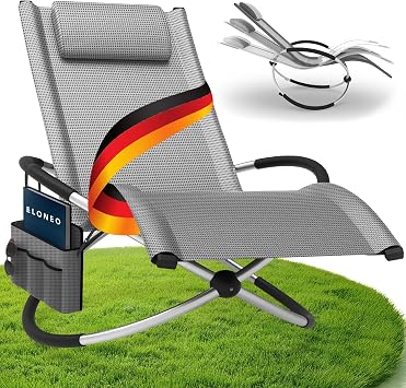 maxVitalis Rocking Lounger Foldable Weatherproof Removable Head Cushion Pressure Relieving Ergonomic Grey Checked for Indoor and Outdoor Use Sturdy powder-coated steel frame. grey