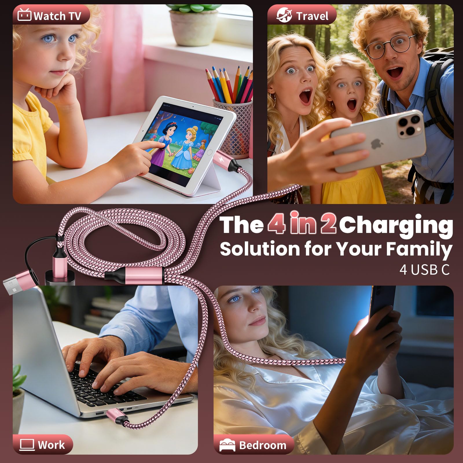 4 cavi di ricarica multipli di tipo C da 10,2 cm, 1,5 m, essenziale da viaggio per aerei e viaggi in crociera, USB A/C a 4 USB C, compatibile con iPhone 17-8, Android, iPad, Galaxy, tablet