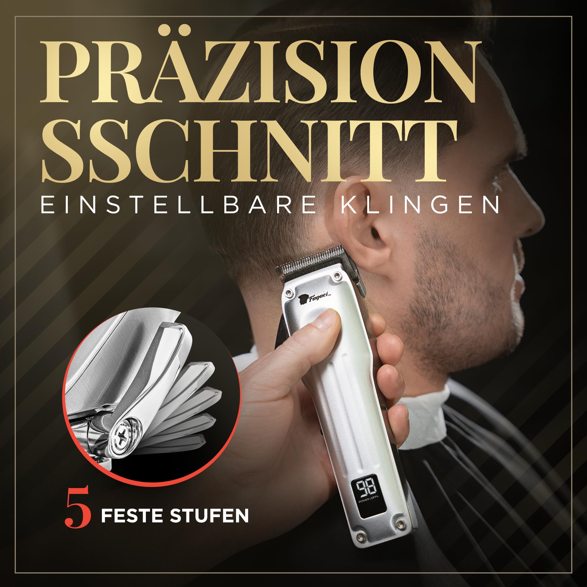 Fagaci Haarschneidemaschine Profi Herren, 2 Klingen Fade und Taper | Fade- und Taper-Klingen, Wechsel per Klick, Keramik oder DLC, kühler Betrieb, 3x Motorlebensdauer, 5x Klingenschärfe