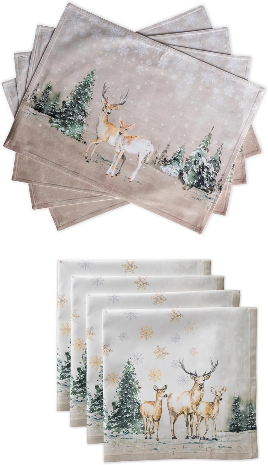 Maison d' Hermine Deer in The Woods Bundle Set 100% Cotton Set of Napkins (20 Inch by 20 Inch) and Set of 4 Placemats (13 Inch by 19 Inch)