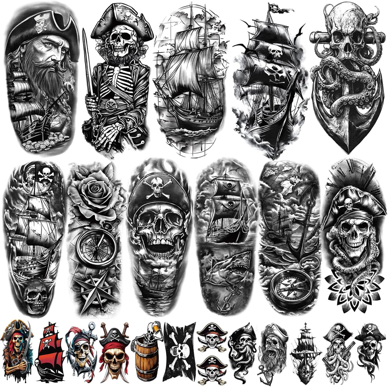 77枚 海賊 テンポラリータトゥー 大人 男性 子供 船長 海賊 船 旗 セーラーアンカー ヨット スカル フェイクタトゥー、海賊ス