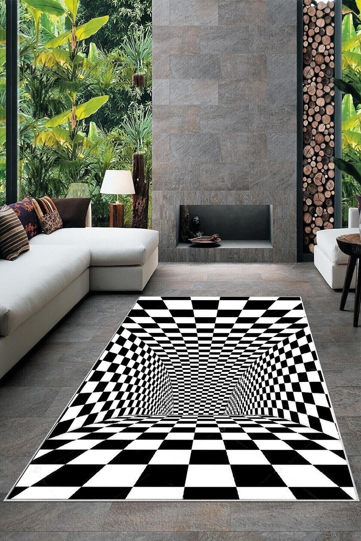 Pelangi Siyah Beyaz Dama Desenli 3d Yıkanabilir Kaymaz Taban Leke Tutmaz Modern Salon Halısı Ve Yolluk, Siyah-Beyaz 160 x 300, 135832116030005