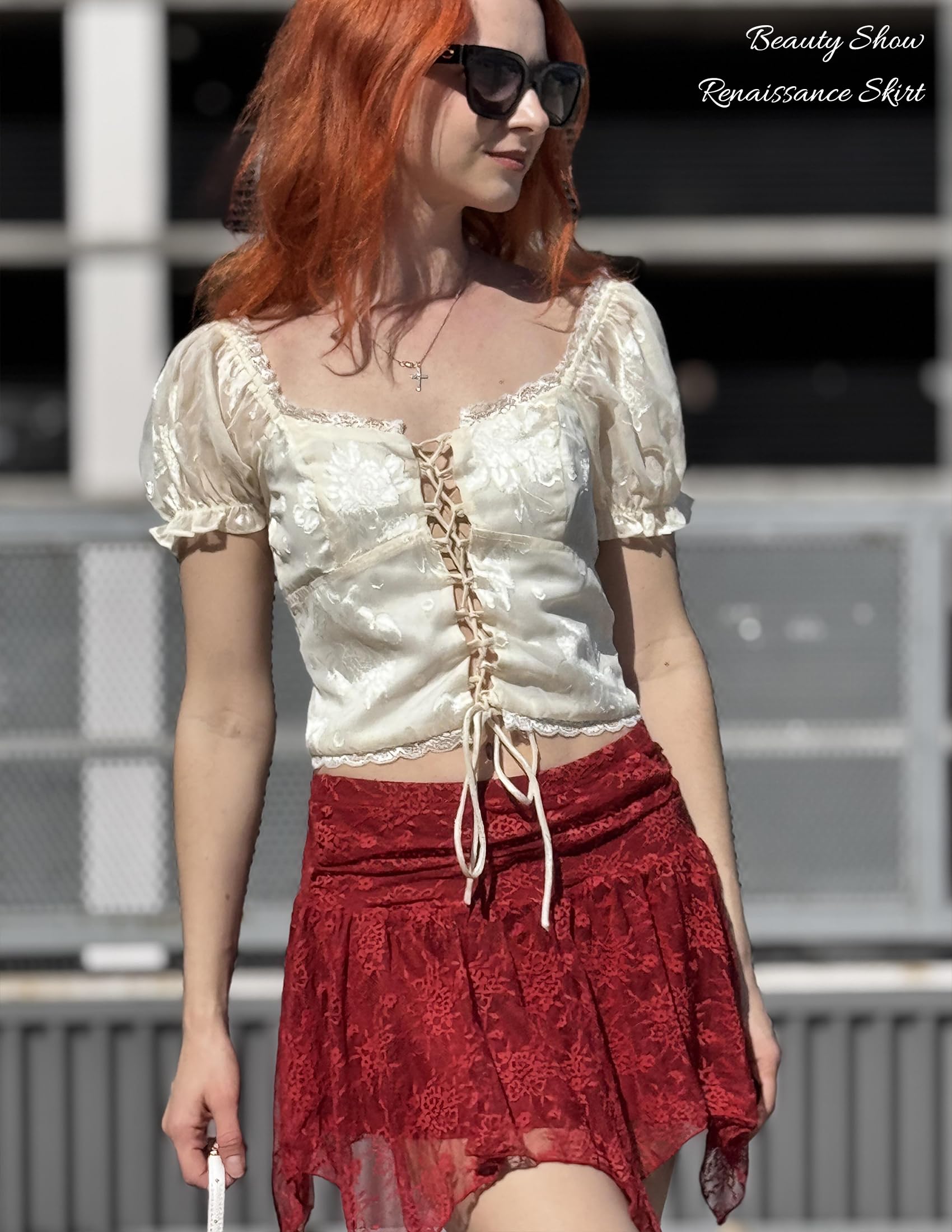 Avidlove Lace Mini Skirts for Women Flowy Skirt Boho Layered Asymmetrical Short Skirt: Red Large