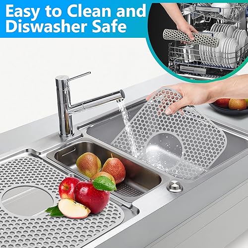 Miniatura 4 de Protectores de fregadero para fregadero de cocina, 2 alfombrillas de cocina de silicona de 13.58 x 11.6 pulgadas, protector inferior antideslizante