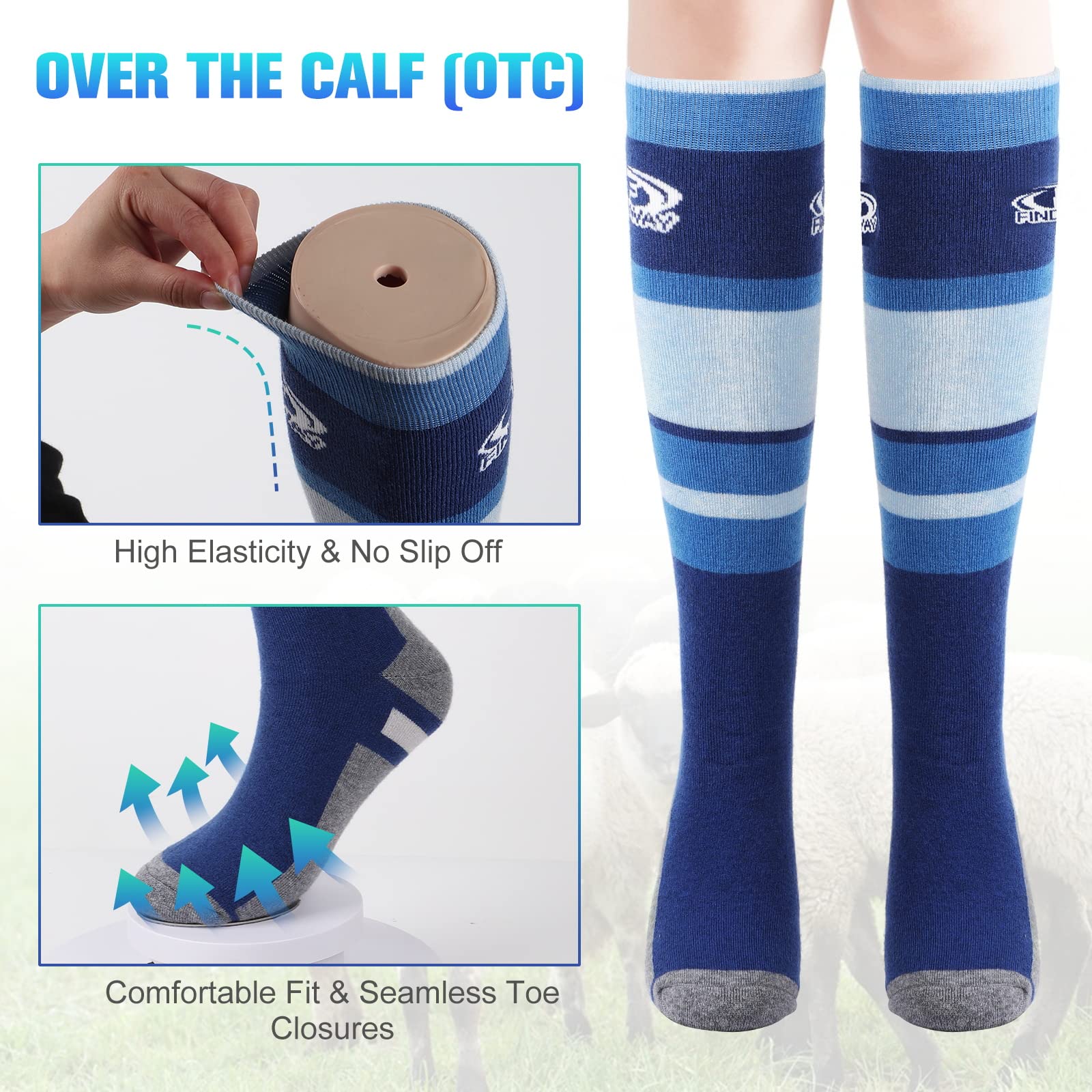 Findway Skisocken aus Merinowolle für Herren und Damen,Snowboardsocken, Kniehohe, Dicke Thermosocken für Kaltes Wetter, Atmungsaktiv, Schnell Trocknend,2 Paar Pack