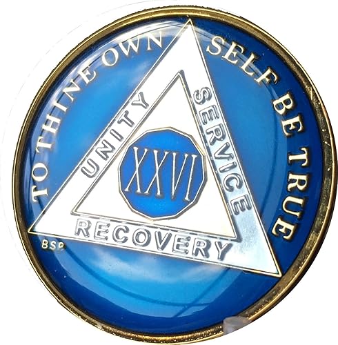 26 años azul medianoche AA Alcohólicos anónimos Medallón Chip Tri Plate chapado en oro y níquel