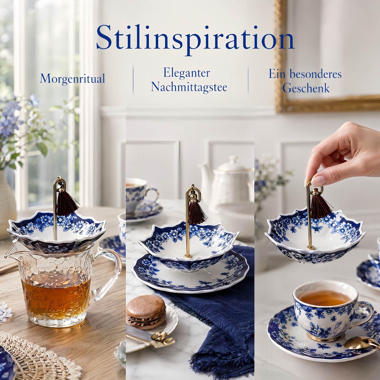 Umbrella Tea Strainer, Creative Regenschirm Teesieb aus Keramik, Blau-Weißes Porzellan-Rotationsdesign, Praktischer Teeschirm für losen Tee (2PCS Blaue Blume-Set)