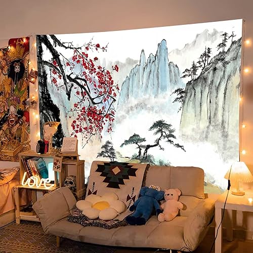 Miniatura 5 de Bcsewcg Arte de pared de anime asiático con flor de cerezo, tapiz de paisaje natural para dormitorio, sala de estar, decoración del hogar (65 x 60