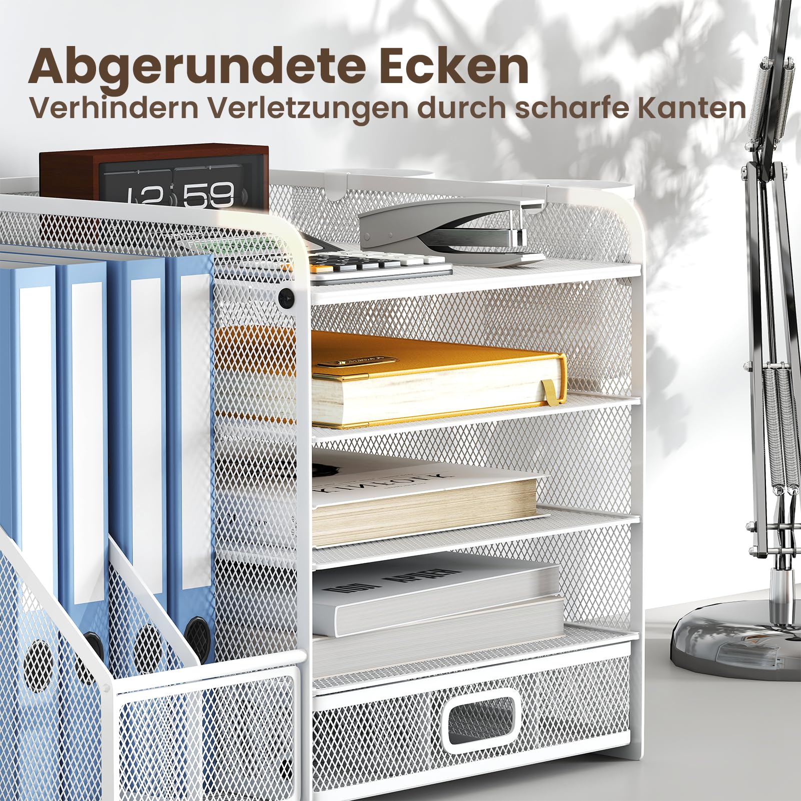 Youyijia 5-stufiger Mesh-Schreibtischorganizer mit Schublade - Aufbewahrungslösung für Büro- & Kunstbedarf, Dokumente, Stifte, Zeichenpapier & Zeitschriften, platzsparend (weiß)
