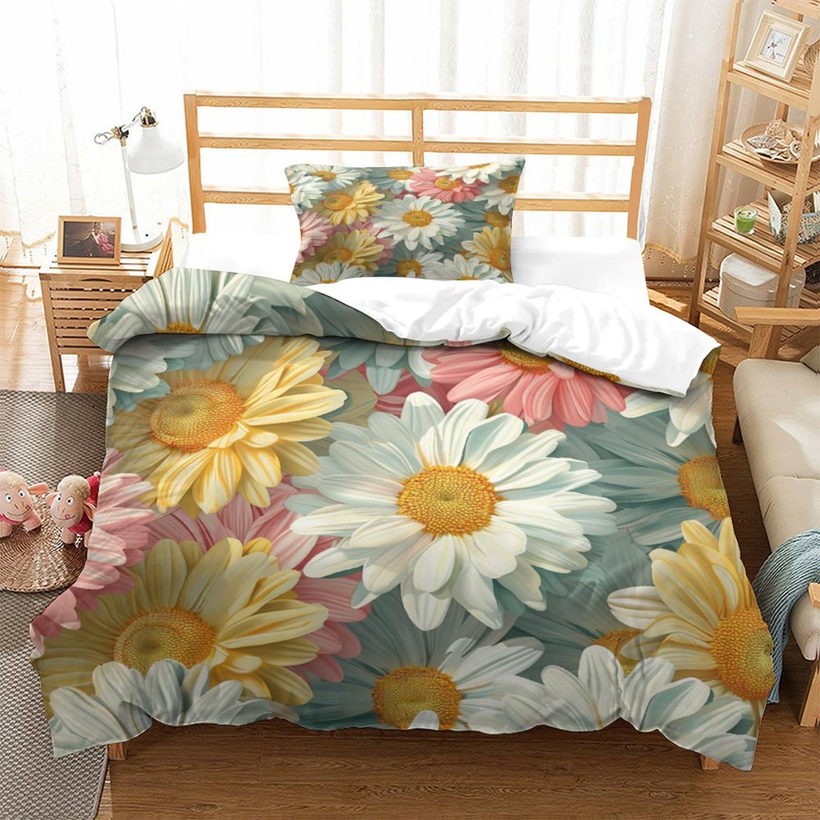 P1S9U7W5Y 3D Printed Large Daisy Flower Pattern 3 Piece Microfiber Duvet Cover Set for Adults Bedroom Decor Floral Bedding Set Soft All Seasons Single（135x200cm）