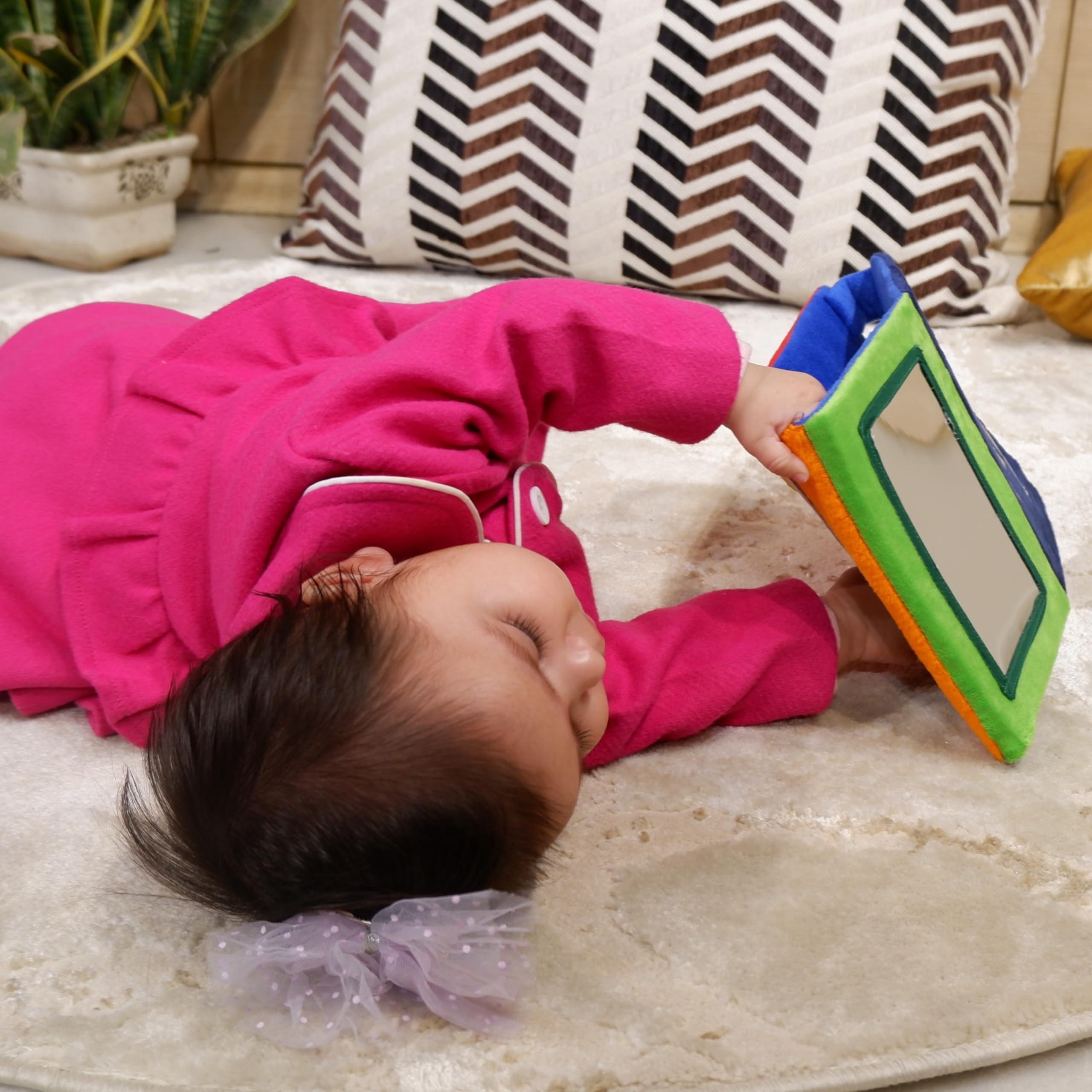 JoyCrate Tummy Time Mirror for Babies | 3 Months Baby Toys | High Contrast Sensory Mat Style Mirror | Montessori Visual & Motor Development | Foldable Soft Frame with Textures 4