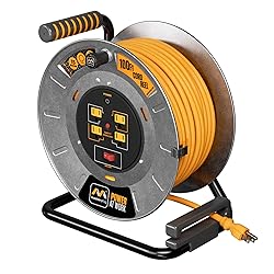 Masterplug 100ft Cord Reel, Metal Cable Drum, Retractable Extension Lead with Winding Handle, Safety Overload Circuit Breaker and Power Switch, 4x Grounded Outlets, 15amps, 12AWG Cable