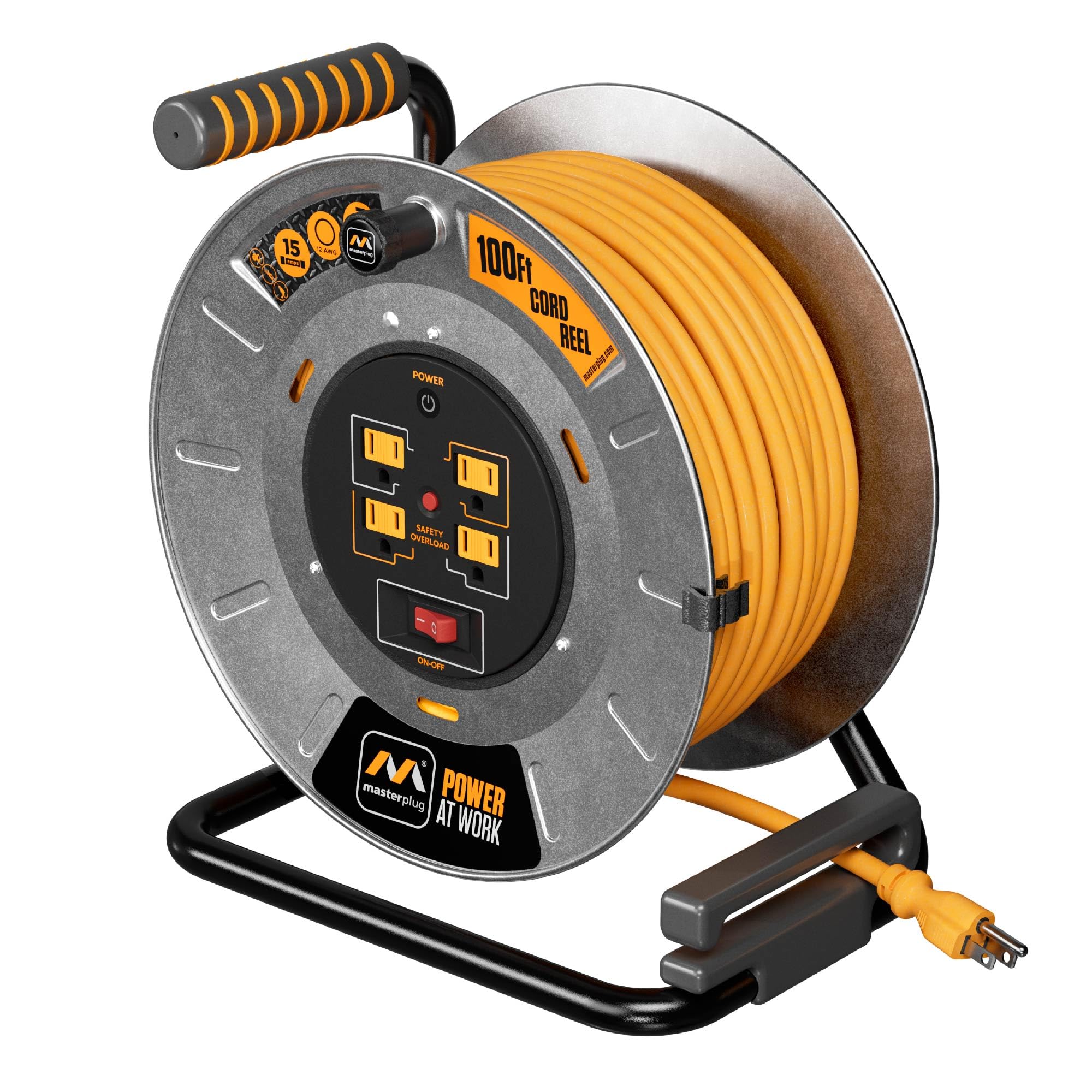 Masterplug100ft Cord Reel, Metal Cable Drum, Retractable Extension Lead with Winding Handle, Safety Overload Circuit Breaker and Power Switch, 4x Grounded Outlets, 15amps, 12AWG Cable